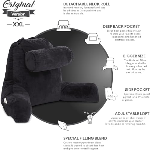 Husband Pillow XXL The Original for Adults - 30" Tall Backrest for Sitting Up in Bed - Firm Support Reading & Bed Rest Pillows for Adults, Neck Roll, Removable Cover - TV - Black