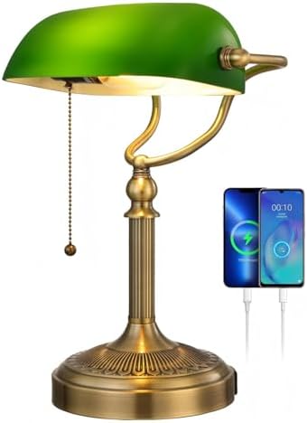 Green Glass Bankers Desk Lamp with USB Fast Charging Port