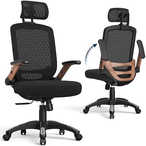 GABRYLLY Ergonomic Office Chair, High Back Home Desk Chair with Flip-Up Arms, 3D Headrest, 90-120° Tilt and Wide Cushion Seat, Big and Tall Computer Chairs for Man Woman, Mesh Chair Black Woodgrain