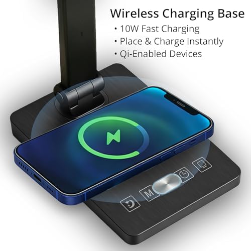 Desk Lamp with Wireless Charger, USB Charging Port, Smart Display Clock, Adjustable Brightness and Color Temperature, Touch Control Desk Light for Office and Bedroom