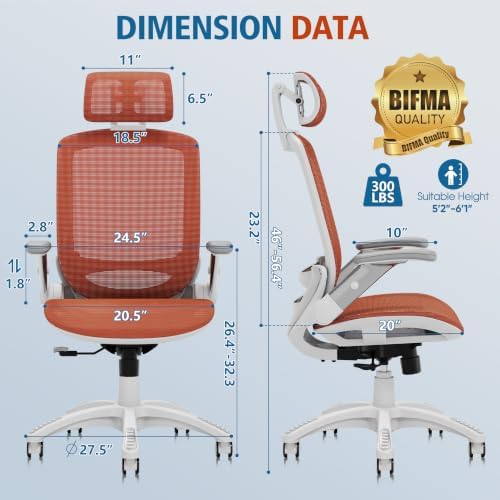 GABRYLLY Ergonomic Office Chair, High Back Home Desk Chair with 2D Flip-Up Arms, 3D Headrest, 90-120° Tilt and Wide Cushion, Big and Tall Mesh Chairs for Man Woman, Computer Task Chair Orange