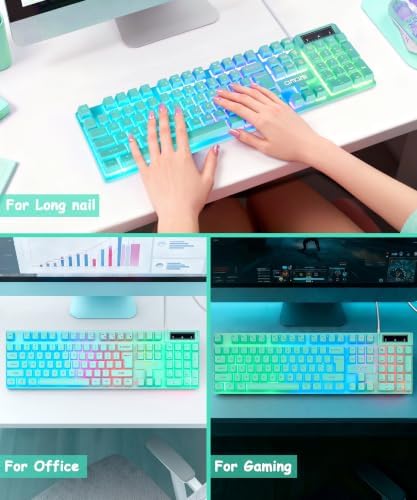 Gaming Teal Keyboard Wired with Color Backlit, Membrane, Quiet for Computer