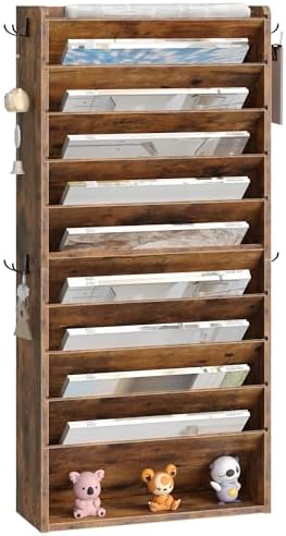 CHOEZON Wall File Organizer, 10-Tier Hanging Mail Organizer, Wall Mount File Holder with 4 Side Hooks, Mail and Storage Organizer, Wooden Vertical Hanging Holder for Office, Rustic Brown MWJ03FG