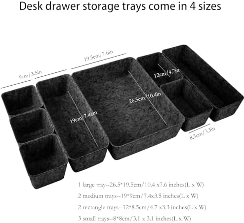 Felt Desk Drawer Organizer, 8pcs Shallow Storage Trays Bins, Office Accessories Box Inserts College Jewelry & Makeup Boxes Containers(Black)