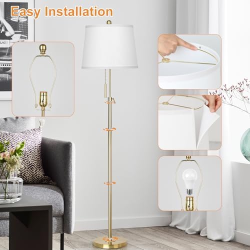JUNNAI Gold Floor Lamp for Living Room, Tall Standing Lamp 55-65" Adjustable Modern Brass Floor Lamps for Bedroom Reading Office Kids 3 Color Lights Corner Night Stand (9W LED Bulb, White Shade)