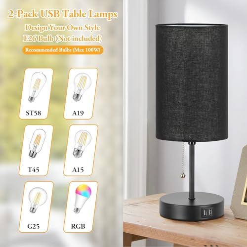 Set of 2 Table Lamps with 2 USB Ports, Bedside Lamps for Bedrooms, Modern Nightstand Lamps with Pull Chain, Minimalist Desk Lamps with Black Fabric Shade and Metal Base for Living Room Home Office