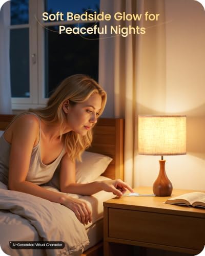 Small Table Lamp, 14.2" Wood Bedside Lamp, Little Cute Desk Lamp with Dark Wood Bottle-Shaped Base & Beige Linen Lampshade, Nightstand Lamp for Bedroom, Small Space, E26 Socket, LE09TL05