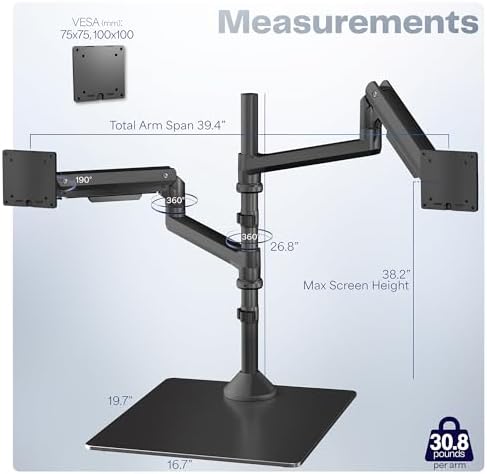 VIVO Pneumatic Arm Dual Ultrawide Monitor Desk Stand for Up to 49 inch Screens with Tempered Glass Base, Holds 2 Ultra Wides Up to 30.8 lbs, Black, STAND-V249FG