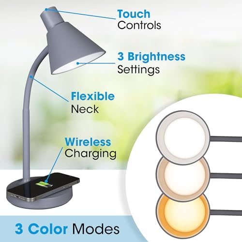 OttLite Twist LED Table Lamp with Wireless Charging, Grey