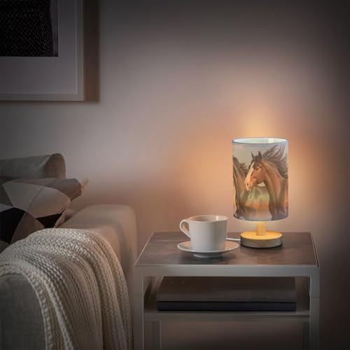 Bedside Lamp Horses Table Lamp for Bedroom LED Nightstand Lamp Shade USB Ports Wood Base for Living Room Dorm Office