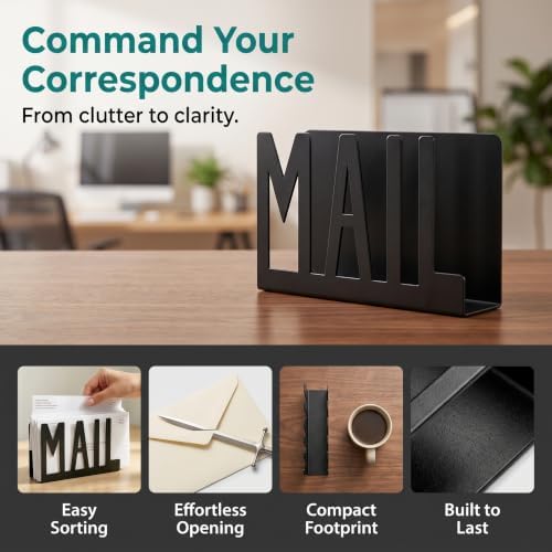 Desk Mail Organizer Holder & Sword Letter Opener Set Cute Modern Office Organizer for Desk Accessories for Women & Men, Reception Countertop Organizer, Home Office Decor（Black）