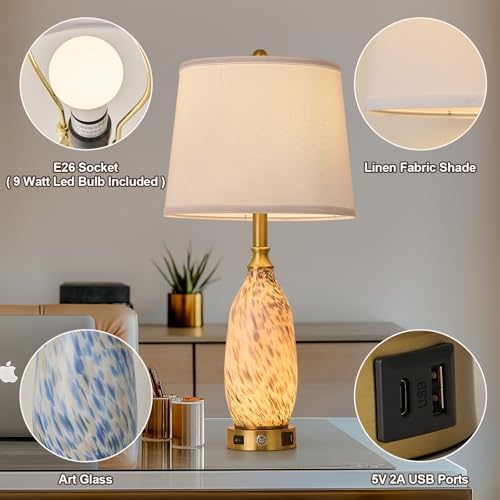 AIDENOEY 26" Modern Art Glass Table & Bedside Lamp, Stepless Dimmable Base + Dimmable 3-Color Light, USB A/C Charging Ports, Touch Control & Switch for Bedroom, Living Room, Office, Study