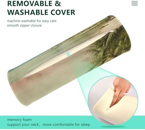 Vintage Palm Tree Neck Roll Pillow - Extra Dense Memory Foam Round Cylinder Bolster for Cervical Support, Spondylosis, Neck Pain Relief