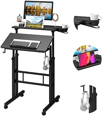 Klvied Adjustable Height Standing Desk with Cup Holder, Portable and Easy to Move, Ideal for Home or Office, Black