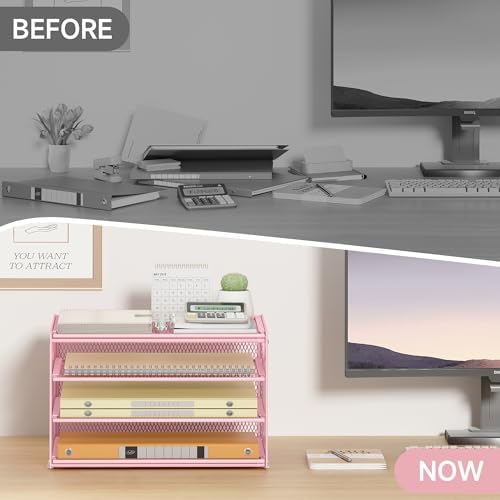 4 Tier Paper Letter Tray Pink Desk Organizer for Desk,Pink File Organizers