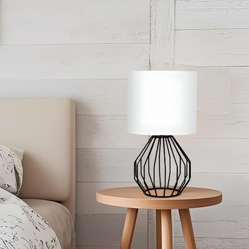Small Table Lamp Black, Modern Minimalist Desk Lamp with Metal Base White Fabric Shade, Bedside Nightsand Table Lamp for Bedroom, Living Room, Kids Room