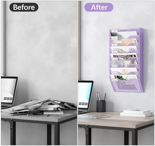 EasyPAG 8 Pocket Mesh Wall File Organizer, Hanging Paper Folder Holder with Classify Label, Vertical Wall Mount Mail Organizer for Office Home Classroom, Purple