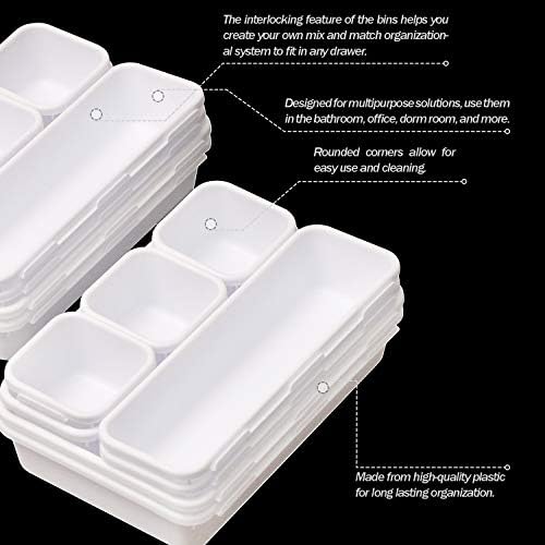 Set of 12 Interlocking Desk Drawer Organizer Tray Dividers Plastic Shallow Narrow Drawers Organizers Separators Storage Bins Container for Kitchen Bathroom Makeup Office Vanity Bedroom Dresser White
