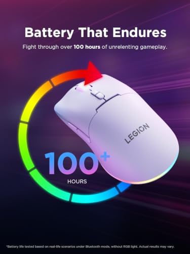 Lenovo Legion M220 Wireless RGB Gaming Mouse, Tri-Mode (Bluetooth, 2.4GHz & Wired), 5000 DPI Optical Sensor, 2-Zone RGB Lighting, 100Hr Battery, 7 Buttons, USB-C Rechargeable, Aurora Purple