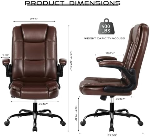 Ergonomic Office Chair with Flip-up Armrests, Big and Tall Leather Executive Office Chair, High Back Lumbar Support Home Computer Desk Chair, Heavy and Duty Computer Chair (Brown)