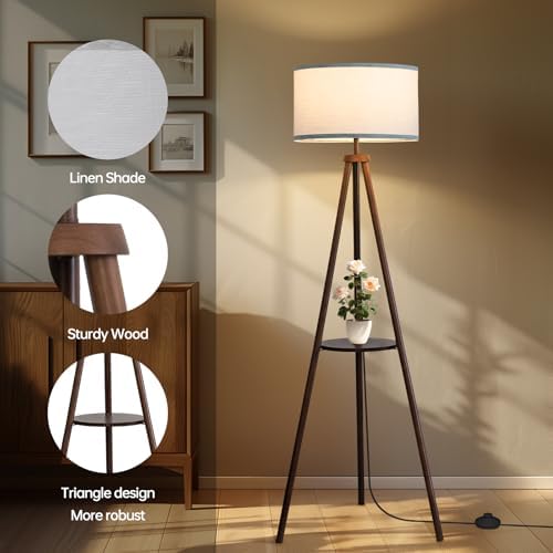 EOEYYOYB Floor Lamp with 3 Light Modes Adjustable– Wood Tripod Floor Lamp Modern LED Standing Lamps with Dimmable Brightness, Perfect for Living Room, Bedroom, and Office, Juglans Nigra
