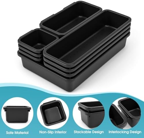StoreHappily 10 PCS Drawer Organizer Set, 4 Size Makeup Drawer Divider Organizer With Non-Slip Pads, Interlocking Plastic Storage Bins for Office,Jewelry Vanity,Gadgets, Bathroom,Kitchen, Black