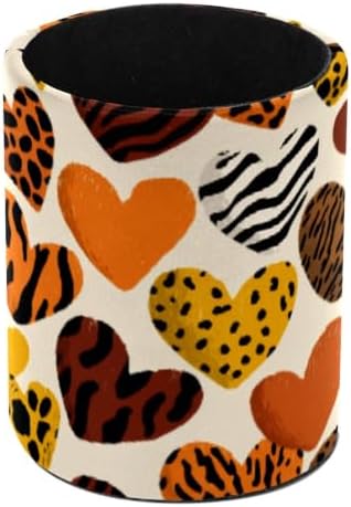 Leather Pen Holder for Desk, Leopard Heart Pencil Cup Pen Organizer Makeup Brush Holder for Office Home Kids Countertop Desk Accessory Storage