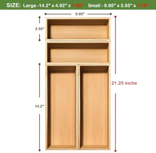 guiogc Bamboo Drawer Silverware Organizer, Kitchen Small Silverware Organizer Set of 4 (Large 14.2"x5"x1.97", Small 9.85"x3.55"x1.97") for Office Bathroom Storage and RV