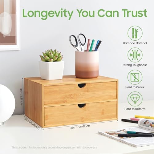Bamboo Desk Organizer with 2 Drawers, Natural Wood Tabletop Storage Box | No-Assembly Countertop Drawer for Office Home Makeup Jewelry Stationery