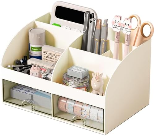 COMFYROOM Desk Organizer with 6 Compartments and 2 Drawers, Plastic Makeup Organizer, Pen Holder for Desktop Storage, Desk Organization for School, Home, Office Supplies (Ivory)