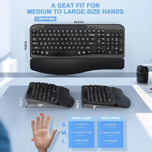 EAYBLLY 2.4G Wireless Ergonomic Keyboard, Full Size Wave Keys with Memory Foam Wrist Rest & 7.28in Phone Holder, USB-C Adapter Included for Windows Mac Chrome OS, Office or Home (Black)