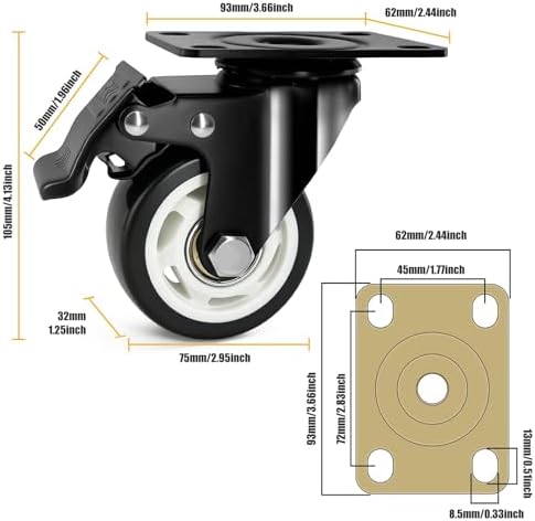 QNCZ 3 Inch Caster Wheels with Brake, Swivel,Heavy Duty, Silent, Set of 4