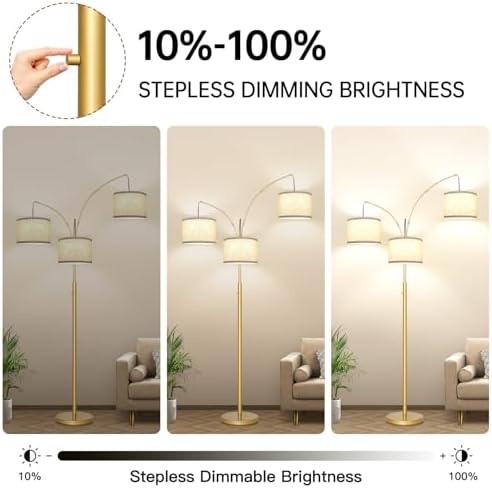 Dimmable Floor Lamp, 3 Lights Gold Arc Floor Lamp, Modern Tall Standing Tree Lamp with White Linen Shades & Heavy Base, 3000LM LED Bulbs, Bright Lighting for Living Room, Bedroom, Office & Reading