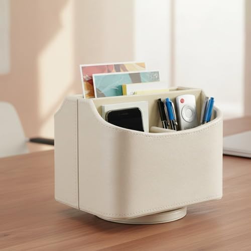 UnionBasic Rotating Desk Organizer, 360 Desk Spinning Caddy, Desktop TV Guide/Mail/Media/Remote Controller Holder Organizer, Creamy White - Printed Oil Leather