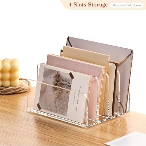 YUXUN Acrylic Mail Organizer, Clear Mail Holder-4 Compartments Mail Sorter, File Organizer for Desk, Office Accessories for Mail, Bills, Documents, Notebooks