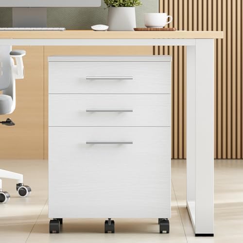 HOOBRO 3-Drawer File Cabinet, Wooden Under Desk Filing Cabinet, fits A4/Letter Size for Home Office, Small Rolling Storage Drawer Chest, Printer Stand with Drawers, White WW02WJ01G1