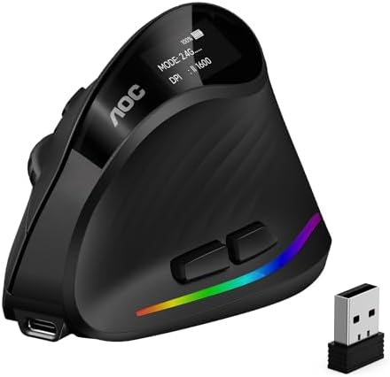 AOC Ergonomic Mouse, 2.4GHz Wireless Bluetooth Vertical Mouse, Rechargeable