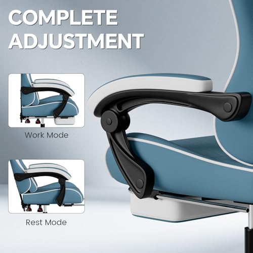 Breathable Fabric Gaming Chair with Footrest, Ergonomic High Back Computer Chair with Gold Diamond Stitching, Height Adjustable Swivel Office Chair with Lumbar Support for Adults,Bluewhite