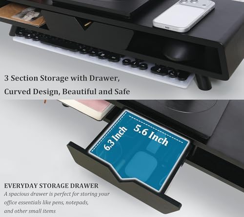 Homerays Monitor Stand with Drawer, Exquisite Computer Monitor Stand for Desk, Ergonomic Wood Monitor Stand Riser for Computer,Laptop,Printer,TV,Bamboo,Black