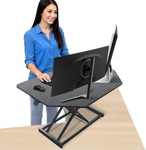 Aconcept 34 inch Black Corner Height Adjustable Standing Desk Converter, One-Click Sit to Stand up Desk Riser, Pre-Assembled Dual Monitor and Laptop Workstation