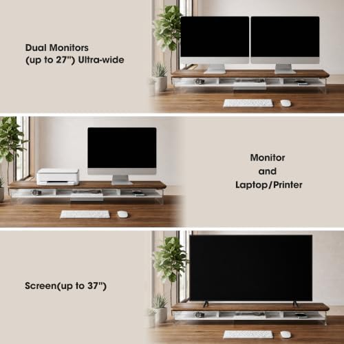 Fenge 42.5" Dual Monitor Stand with Clear Acrylic Legs, Brown