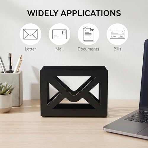 MyGift Black Metal Desktop Mail Organizer Letter Holder Envelope Design