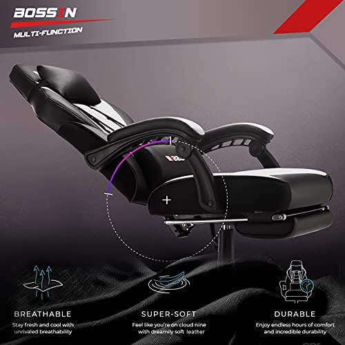 BOSSIN Big and Tall Gaming Chair with Footrest and Massage, 400lb Weight Capacity, Ergonomic Heavy Duty Chair with Large Size Seat and High Back