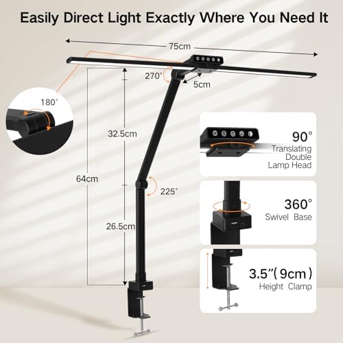 OUTON 29.5" LED Desk Lamp with Clamp for Home Office, 24W Eye-Caring Architect Desk Lamp for Dual Monitors, USB-C & USB-A Ports, Remote & Touch Control, 5 Color Temperatures, Stepless Dimming
