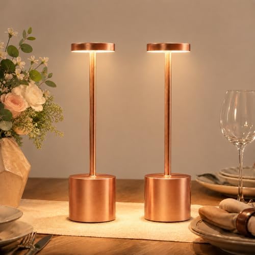 Rose Gold Cordless Table Lamps Set of 2, Battery Operated Rechargeable LED Lamps with Touch Control, 3 Color Temperatures, 5000mAh Dimmable Wireless Portable Lamp for Bedroom Nightstand Living Room