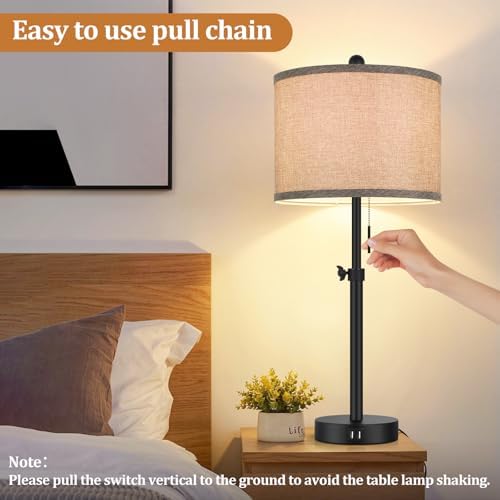 Kondras Table Lamps for Bedroom Set of 2, 23''-30'' Adjustable Height Bedside Lamps with 2 USB Ports, Black Nightstand Lamps with Grey Linen Shade, Modern Stylish Living Room Lamp Set with Pull Chain