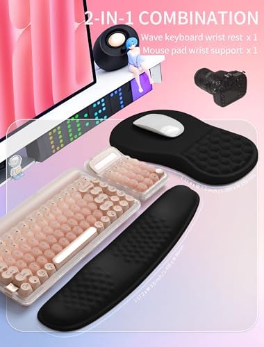 Hokafenle 2in1 Combination, Wave Keyboard Wrist Rest and Ergonomic Curvature Mouse Pad Wrist Support for Relieve Wrist Pain, Filled with Soft Cushion Memory Foam, Black