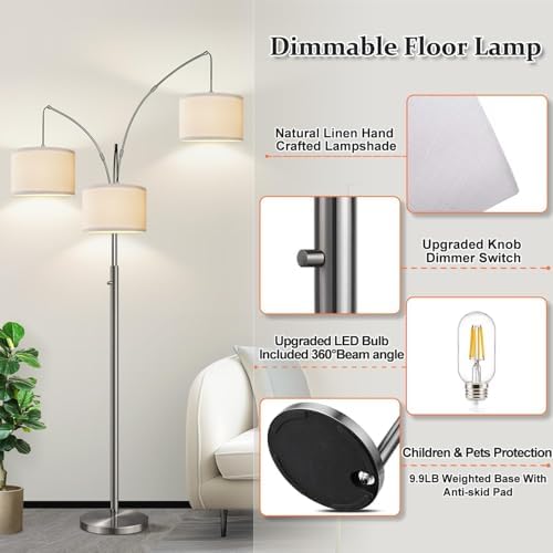 Dimmable Floor Lamp, 3 Lights Sliver Arc Floor Lamp, Modern Tall Standing Tree Lamp with White Linen Shades & Heavy Base, 3000LM LED Bulbs, Bright Lighting for Living Room, Bedroom, Office & Reading