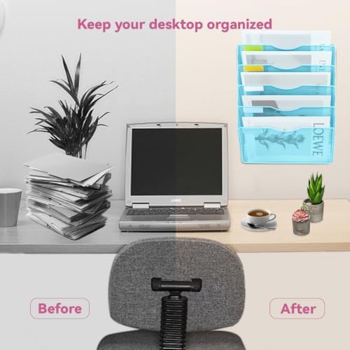 5 Pockets Mesh Wall File Holder Organizer Office Hanging File Folder Magazine Rack, Nametag Label Hooks Set Included (Blue)