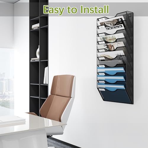 EasyPAG 10 Pocket Mesh Wall File Organizer, Hanging Paper Folder Holder with Classify Label, Vertical Wall Mount Mail Organizer for Office Home Classroom, Black